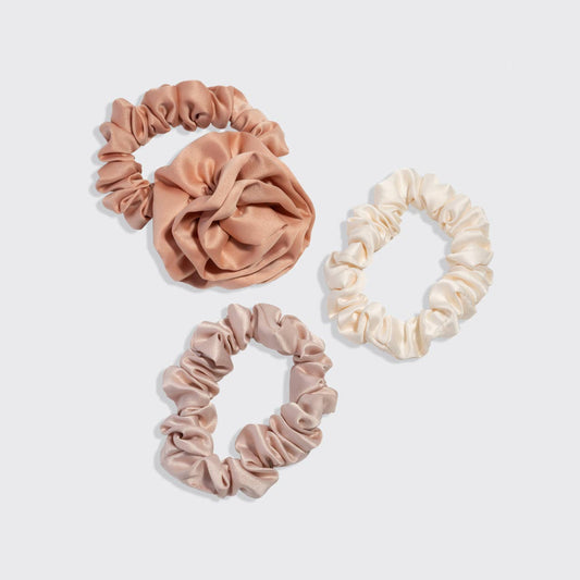 Rosette Ruched Satin Scrunchies 3pc Set - Terracotta