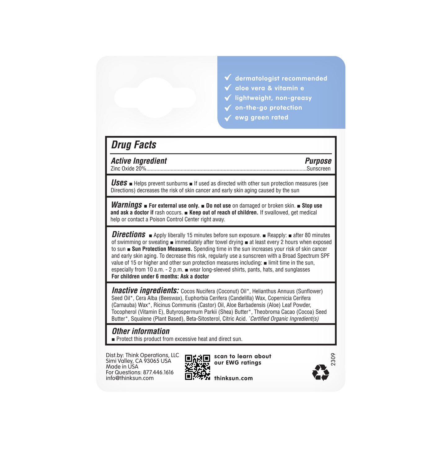 Think Sport SPF 30 Face & Body Sunscreen Stick, EWG Rated #1
