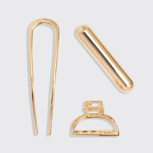 Mini Metal French Hair Pin & Clips 3pc Set - Gold